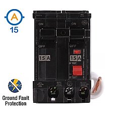 2 POLE 15 AMP PUSH ON SELF-TEST GFI CIRCUIT BREAKER