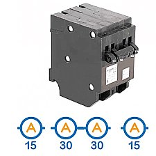 QUAD 2 X 1 POLE 15 AMP + 1 X 2 POLE 30 AMP PUSH ON CIRCUIT BREAKER