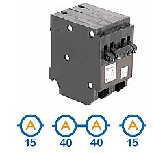QUAD 2 X 1 POLE 15 AMP + 1 X 2 POLE 40 AMP PUSH ON CIRCUIT BREAKER