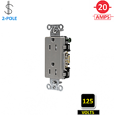 DR20GRY, HUBBELL, 20A, 125V, SPEC, GRADE, DECORA, RECEPT, GREY