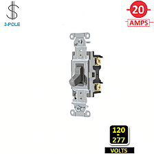 CS320GY, HUBBELL, 3-WAY, 20A, 120-277V, SPEC, GRADE, , SWITCH, GREY, SIDE-WIRED
