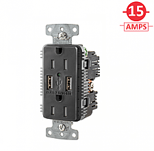 USB15A5BK, HUBBELL, TRADE, SELECT, 15A, RECEPTACLE, WITH, 5A, USB, PORTS, BLACK