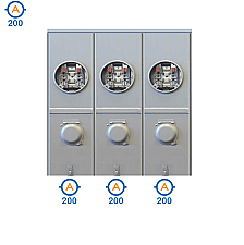 JA23R-HI, HYDEL, O/H, 3 GANG, COMBO, 200, A, MAIN, 3, X, 200, A, PER, POS, 240V