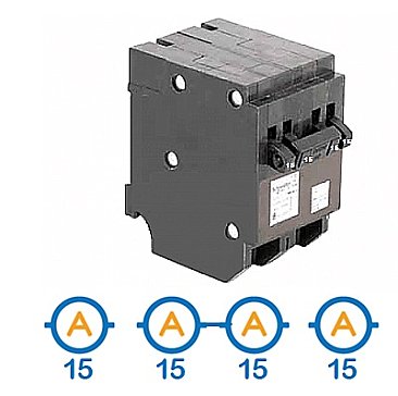 QUAD 2 X 1 POLE 15 AMP + 1 X 2 POLE 15 AMP PUSH ON CIRCUIT BREAKER