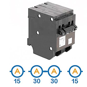 QUAD 2 X 1 POLE 15 AMP + 1 X 2 POLE 30 AMP PUSH ON CIRCUIT BREAKER