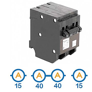 QUAD 2 X 1 POLE 15 AMP + 1 X 2 POLE 40 AMP PUSH ON CIRCUIT BREAKER