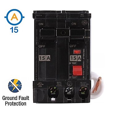 2 POLE 15 AMP PUSH ON SELF-TEST GFI CIRCUIT BREAKER