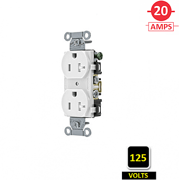 BR20WHI, HUBBELL, 20A, 125V, SPEC, GRADE, DUPLEX, RECEPT, WHITE