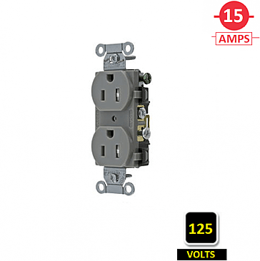 CR15GRY, HUBBELL, 15A, 125V, SPEC, GRADE, DUPLEX, RECEPT, GREY, SIDE-WIRED, ONLY