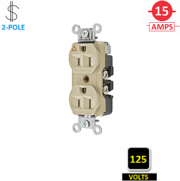 CR5252IGI, HUBBELL, 15A, 125V, I/G, DUPLEX, RECEPT, IVORY