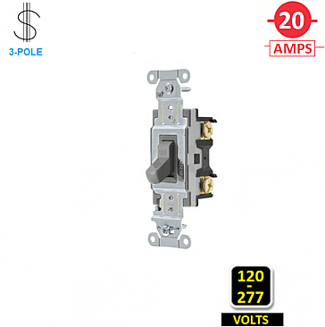 CS320GY, HUBBELL, 3-WAY, 20A, 120-277V, SPEC, GRADE, , SWITCH, GREY, SIDE-WIRED