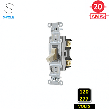 CS320I, HUBBELL, 3-WAY, 20A, 120-277V, SPEC, GRADE, , SWITCH, IVORY, SIDE-WIRED