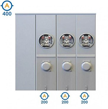 JA43RX-HI, HYDEL, O/H, 3 GANG, COMBO, 400, A, MAIN, 3, X, 200, A, PER, POS, 240V